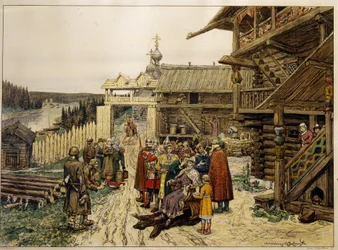 Dwór feudalny księcia rosyjskiego. (W średniowiecznej wiosce pan, siedzący na krześle na dziedzińcu drewnianego domu, otoczony przez swoich żołnierzy i doradców, wysłuchuje skarg chłopów). Praca Appolinariego Mikhaylovicha Vasnetsova