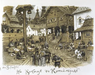 Kitaj Gorod w XVII wieku (Kitay Gorod w XVII wieku). Dzielnica biznesowa w centrum Moskwy (Rosja), opisana zimą animacją kupców w środku tradycyjnej architektury. Dzieło Appolinariego Michajłowicza Wasnetsowa (1856-1933)