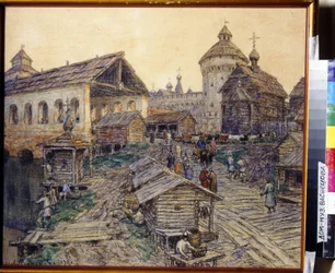 Most Zmartwychwstania w Moskwie w XVII wieku. Praca Appolinariego Mikhaylovicha Vasnetsova (1856-1933), akwarela i pastel na papierze