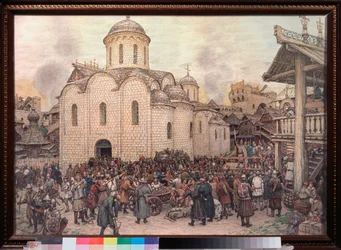 Najazd na Moskwę chana Tochtamycza (Toktamycza) (zm. 1406), 1382 r. (Zdobywanie miasta przez Złotą Ordę) - Dzieło Appolinariego Michajłowicza Wasnetsowa (1856-1933), akwarela i węgiel na papierze