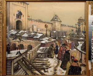 Moskwa w XVII wieku, księgarnie na moście Chrystusa Zbawiciela (Moskwa w XVII wieku, Księgarnie na moście Chrystusa Zbawiciela) - dzieło Appolinariego Mykhaylovicha Vasnetsova (1856-1933), akwarela i biały na tekturze