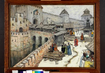 Moskwa w XVII wieku, księgarze na moście Chrystusa Zbawiciela - dzieło Appolinariego Mykhaylovicha Vasnetsova (1856-1933)