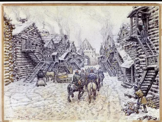 Stara Moskwa. Tradycyjna architektura drewniana pod śniegiem. Praca Appolinariego Mikhaylovicha Vasnetsova (1856-1933), akwarela i kreda na papierze