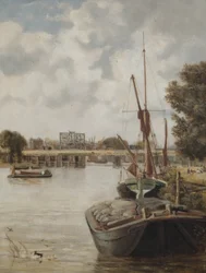 Obecny most Hammersmith w budowie, z widocznym mostem tymczasowym, 1886 r.
