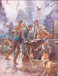 Potem wykrzyknął z dumną bladą wargą: — Ho! strzelec, rozdziel i zatop statek”, ilustracja z „Ballads of Famous Fights”, ok. 1900 (kolor lito)