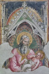 San Symeon trzymający Dzieciątko Jezus w ramionach zgodnie z narracją Ewangelii Łukasza (fresk)