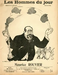 Okładka „Les Hommes du jour”, ok. 1906 r. – ilustracja Aristide Delannoy (1874-1911): srebro – Rouvier Maurice (1842-1911) – żonglerka