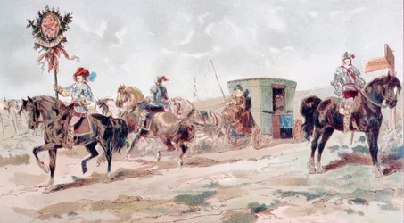 XVII amžiaus dengtas arklių traukiamas treneris, 1886 m. poli