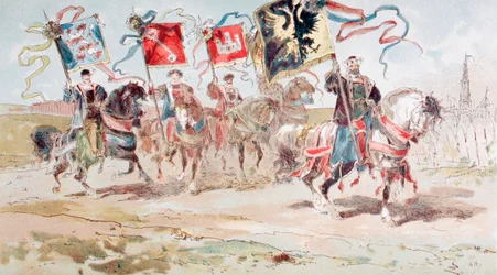 Jeźdźcy niosący chorągwie Hanzy i Miast Ligi, XVI w., 1886 r.