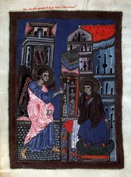 Zwiastowanie. Archanioł Gabriel odwiedza Dziewicę Maryję. Iluminacja mistrza Codex Matenadaran (XIII w.), miniatura, akwarela na pergaminie