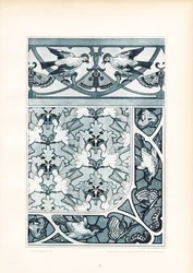 Ornamenty ptaków i motyli w odcieniach niebieskiego (litografia)