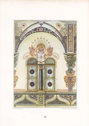 Dekoracyjna secesyjna architektura wnętrz z łukiem i elementami heraldycznymi (litografia)
