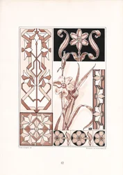 Motywy narcyzów i ornamenty geometryczne w odcieniach różu (litografia)