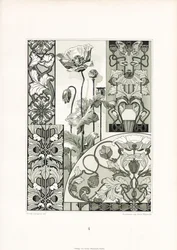 Ozdoby z kwiatów maku w wersji monochromatycznej (litografia)
