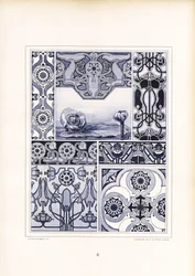 Motywy maków i geometryczne ornamenty w odcieniach niebieskiego (litografia)