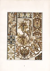 Stylizowane ornamenty liściowe w odcieniach sepii (litografia)