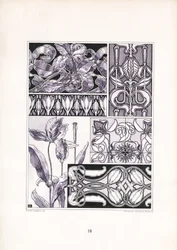 Stylizowane motywy lilii w różnych formach ozdobnych (litografia)