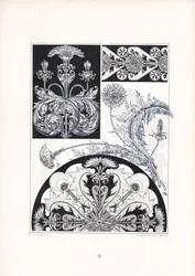 Stylizowane ornamenty ostu w czerni i bieli (litografia)
