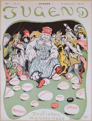 Taniec jajka, rysunek z Pierwszej Haskiej Konferencji Pokojowej, z niemieckiego magazynu Jugend, 29 lipca 1899 r.