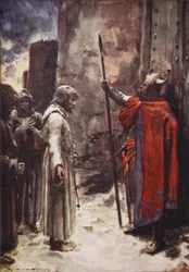 Bosy, ubrany we włosiennicę, Henry pojawił się przed bramą, błagając o przyjęcie, ilustracja z „Historii Niemiec” J.E. Marshall