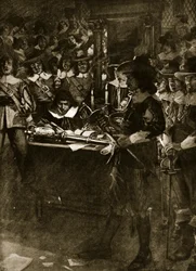 Strafford odkładający szablę w Izbie Gmin, ilustracja z "Historii narodu brytyjskiego" Hutchinsona, ok. 1920 r.