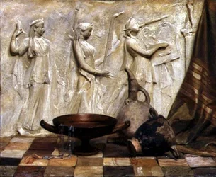 Skyphos, Kylix, dzban na wino i egipski naszyjnik przy fryzie greckim (olej na płótnie)