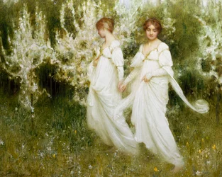 "Niewinność" Dwie kobiety ubrane na biało, symbolizujące niewinność i czystość, spacerują po ogrodzie. Obraz autorstwa Arthura Hackera (1858-1919) (pre-rafaelita) Kolekcja prywatna