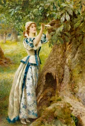 Romantyzm: "Skrzynka na listy miłości" Młoda kobieta zostawia list dla swojego kochanka w pniu drzewa. Obraz autorstwa Arthura Hopkinsa (1848-1930)