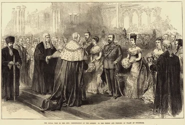 Królewska wizyta w mieście, przedstawienie przemówienia do księcia i księżnej Walii w Guildhall