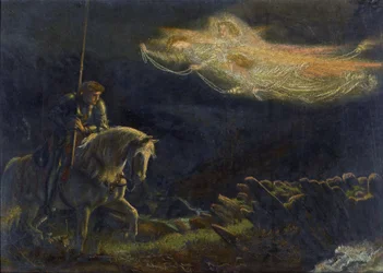 Sir Galahadzie. La Quete du Saint Graal Sir Galahad. W poszukiwaniu Świętego Graala par Arthur Hughes (1832-1915) - Olej na drewnie, 30,5x43 - Kolekcja prywatna