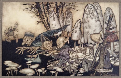 Grupa robotników, którzy piłowali muchomor, pospiesznie oddaliła się, zostawiając za sobą narzędzia, od Piotrusia Pana w Kensington Gardens JM Barrie (1860 - 1937), pub. 1906