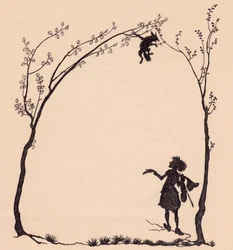 Lis przywiązany łapami do dwóch leszczyny. Ilustracja autorstwa Arthura Rackhama z baśni Grimm, Wspaniały muzyk.