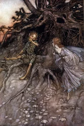 Akt II, Scena I Puck i wróżka; Puck przyznaje, że jest „tym wesołym wędrowcem nocy”. Ilustracja Arthura RACKHAMA (1867-1939) do „Snu letniej nocy” Williama Szekspira