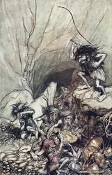 Alberich jedzie w bandzie Niblungów obładowanych złotymi i srebrnymi skarbami. Ilustracja do Rhi
