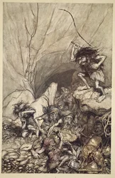 Albrecht spędza gromadę Nibelungów ze skarbami ze złota i srebra, z „Złota Renu i Walkirii”