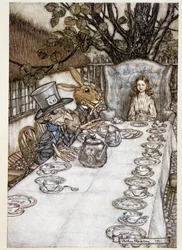 Alicja bierze „” w głupców””” (Kapelusznik i Mars Lievre) - w „” Przygody Alicji w Krainie Czarów””, Lewis Carroll, chory. autorstwa Arthura Rackhama (1867-1939)