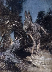 Spodek, mężczyzna z oślą głową, i Tytania, królowa wróżek. Ilustracja Arthura Rackhama (1867-1939) do Snu nocy letniej Williama Shakespeare
