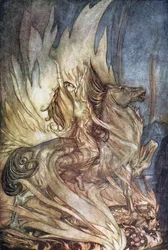 Brünnhilde on Grane wskakuje na stos pogrzebowy Zygfryda. Ilustracja do Zygfryda i Tw