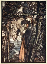 „Brunnhilda powoli i cicho prowadzi konia ścieżką do jaskini”, 1910.