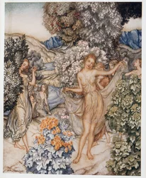 Przyjdź, powściągliwe nimfy i pomóż uczcić kontrakt prawdziwej miłości, ilustracja z wyd. William Shakespeares The Tempest. 1926