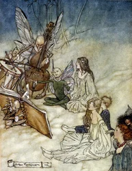 Elfy grające muzykę Ilustracja Arthura RACKHAMA (1867-1939) do „Snu letniej nocy” Williama Szekspira