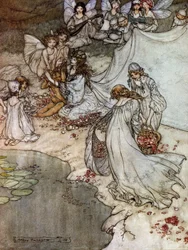 Elfy robią różane naszyjniki. Ilustracja Arthura RACKHAMA (1867-1939) do „Snu letniej nocy” Williama Szekspira