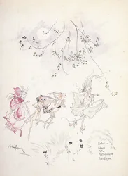 Wpisz: pajęczyna, ćma, nasiona gorczycy i kwiat grochu. Ilustracja do „Snu nocy letniej” Szekspira, ok. 1908 r.