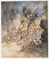Wkraczają pewni żniwiarze, odpowiednio ustrojeni, ilustracja z pubu Burza Williama Szekspira. 1926