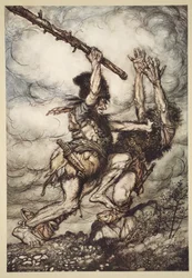 Fafner zabija Fasolta, ilustracja z „Złoto Renu i Walkiria”, 1910