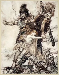 „Fasolt nagle chwyta Freię i ciągnie ją na bok z Fafnerem”, 1910.