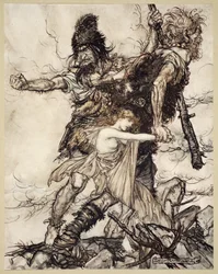 Fasolt nagle chwyta Freię i ciągnie ją na bok z Fafnerem, ilustracja z „Złoto Renu i Walkiria”, 1910