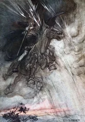 Rozwścieczony Wotan jedzie ku skale. Ilustracja do Złota Renu i Walkirii Richarda