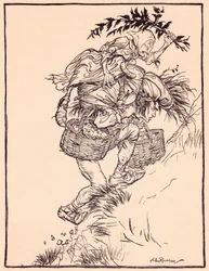 Jęcząc nieustannie, wspiął się na górę. Ilustracja autorstwa Arthura Rackhama z baśni Grimm, The Goose Girl at the Well.