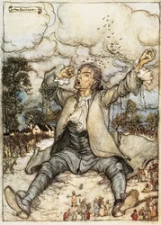 Guliwer budzący się w Lilliput, ilustracja z Podróży Guliwera autorstwa Jonathana Swifta, autorstwa Arthura Rackhama